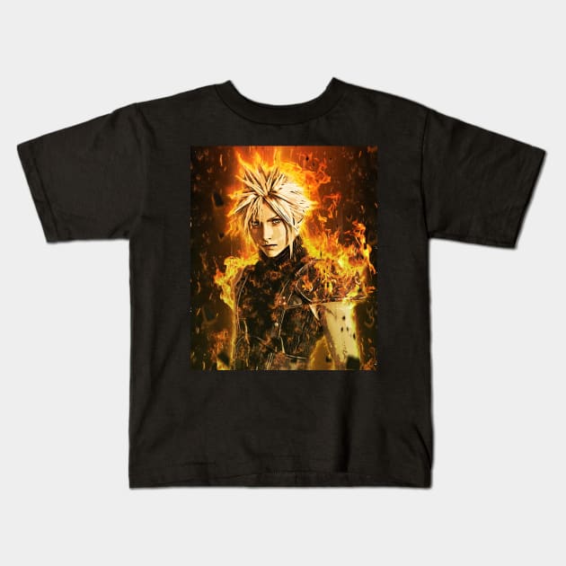 Cloud Strife On Fire Kids T-Shirt by SkyfrNight